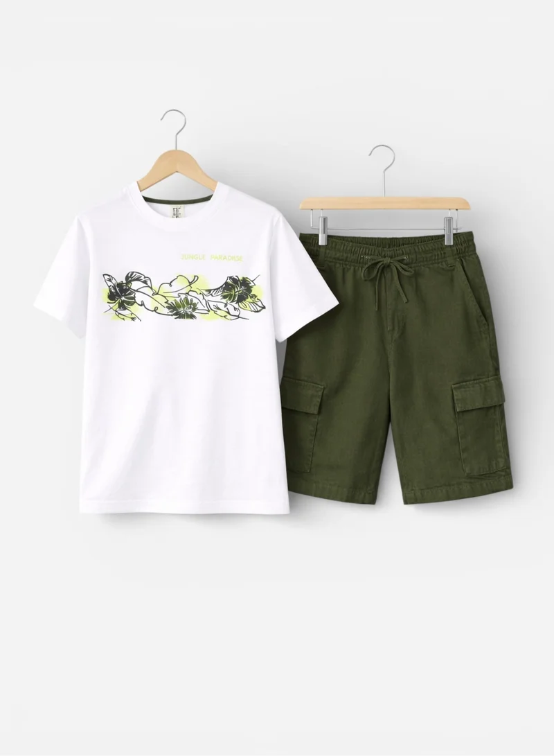Victor And Jane  Boys Nature Sketch T-Shirt & Olive Cargo Shorts Set for Men | Best Price UAE